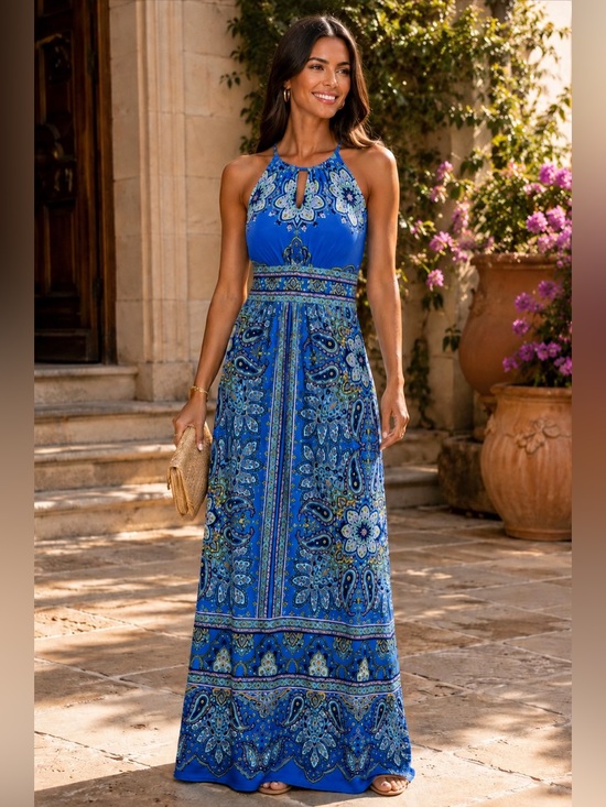 London Times Dresses & Skirts - London Times Paisley Halter Maxi Dress Blue Turquoise Size 6 NWT